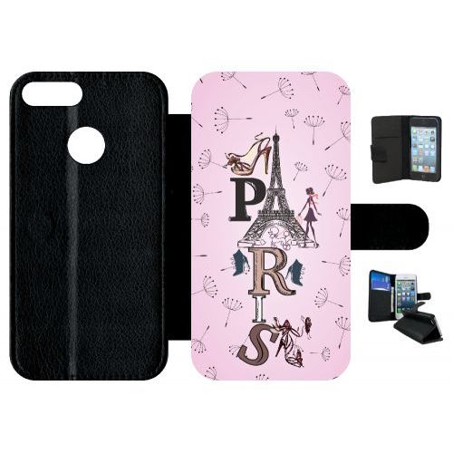 Etui A Rabat - Paris Fond Rose Pale - Compatible Avec Honor 9 Lite - Simili-Cuir - Bord Noir