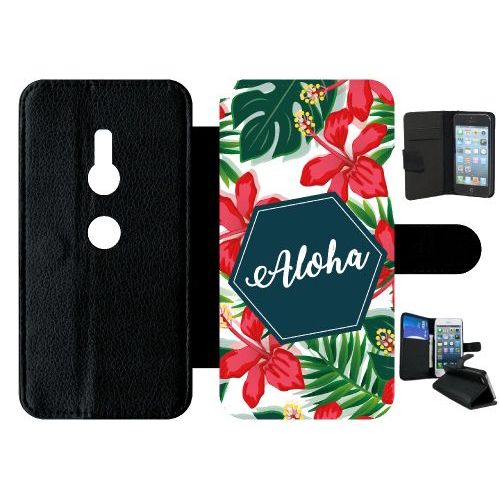 Etui A Rabat - Aloha Tropical Fond Blanc - Compatible Avec Sony Xperia Xz2 - Simili-Cuir - Bord Noir
