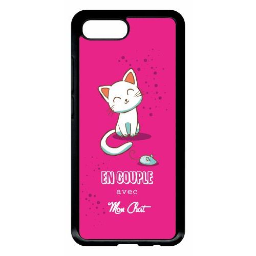 Coque Pour Smartphone - En Couple Avec Mon Chat Fond Rose - Compatible Avec Honor 10 - Plastique - Bord Noir