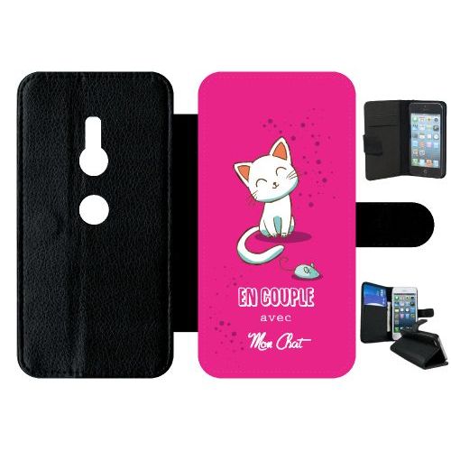Etui A Rabat - En Couple Avec Mon Chat Fond Rose - Compatible Avec Sony Xperia Xz2 - Simili-Cuir - Bord Noir