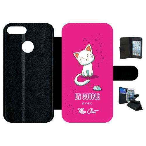 Etui A Rabat - En Couple Avec Mon Chat Fond Rose - Compatible Avec Honor 9 Lite - Simili-Cuir - Bord Noir