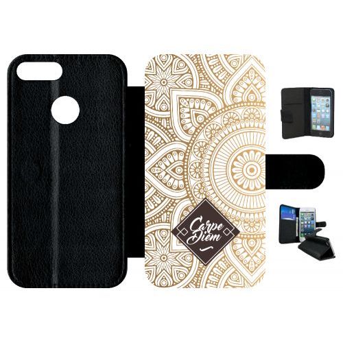 Etui A Rabat - Carpe Diem Modif Orient Fond Blanc - Compatible Avec Honor 9 Lite - Simili-Cuir - Bord Noir