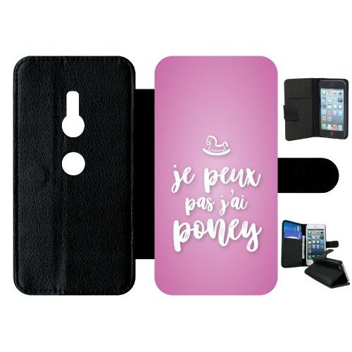 Etui A Rabat - Je Peux Pas Jai Poney Fond Rose Pale - Compatible Avec Sony Xperia Xz2 - Simili-Cuir - Bord Noir