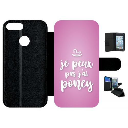 Etui A Rabat - Je Peux Pas Jai Poney Fond Rose Pale - Compatible Avec Honor 9 Lite - Simili-Cuir - Bord Noir