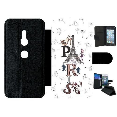 Etui A Rabat - Paris Fond Blanc - Compatible Avec Sony Xperia Xz2 - Simili-Cuir - Bord Noir