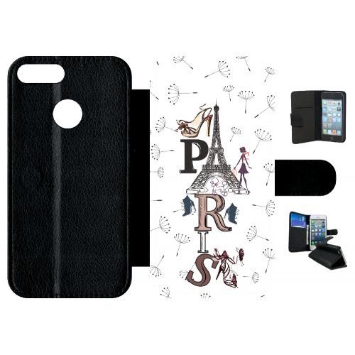Etui A Rabat - Paris Fond Blanc - Compatible Avec Honor 9 Lite - Simili-Cuir - Bord Noir