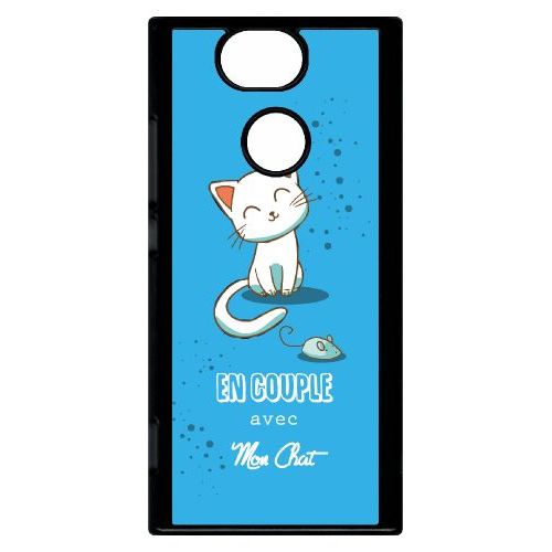 Coque Pour Smartphone - En Couple Avec Mon Chat Fond Bleu - Compatible Avec Sony Xperia Xa2 - Plastique - Bord Noir