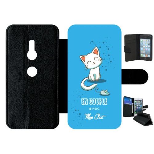 Etui A Rabat - En Couple Avec Mon Chat Fond Bleu - Compatible Avec Sony Xperia Xz2 - Simili-Cuir - Bord Noir