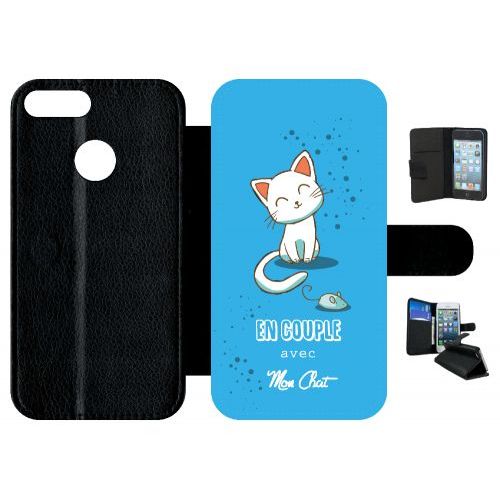 Etui A Rabat - En Couple Avec Mon Chat Fond Bleu - Compatible Avec Honor 9 Lite - Simili-Cuir - Bord Noir