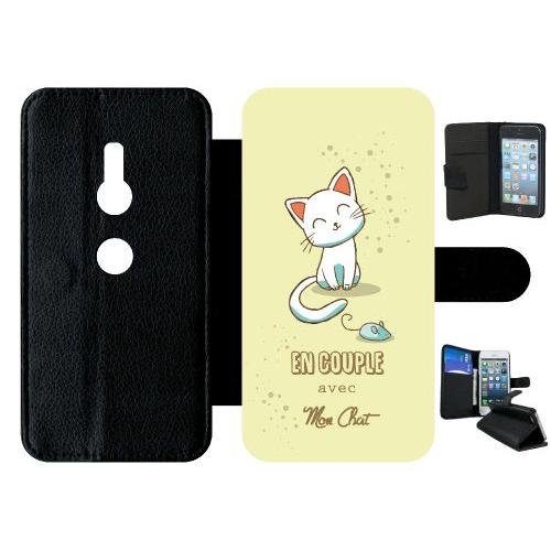 Etui A Rabat - En Couple Avec Mon Chat Fond Jaune - Compatible Avec Sony Xperia Xz2 - Simili-Cuir - Bord Noir