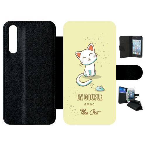 Etui A Rabat - En Couple Avec Mon Chat Fond Jaune - Compatible Avec Huawei P20 Pro - Simili-Cuir - Bord Noir