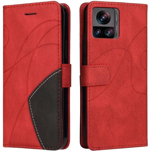 Housse Pour Telephone Motorola Edge 30 Ultra Etui, Pu/Tpu Rétro Retourner Cuir Coque Magnétique Anti Chute Portefeuille Protection Case Cover, Rouge