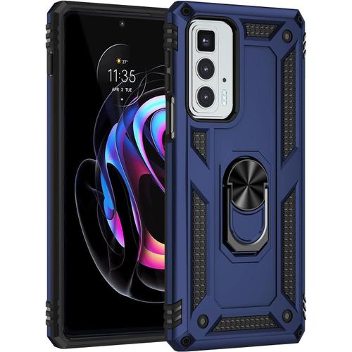 Coque Pour Motorola Moto Edge 20 Pro Étui De Protection Slim Soft Tpu+Pc Heavy Duty Dual Layer Protective Housse Avec Support De Bague En Métal Bleu