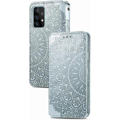 Housse Pour Telephone Samsung Galaxy A52 Etui Premium Pu+Tpu Motif En Relief Retourner Cuir Coque Anti Chute Portefeuille Protection Case Cover Gris