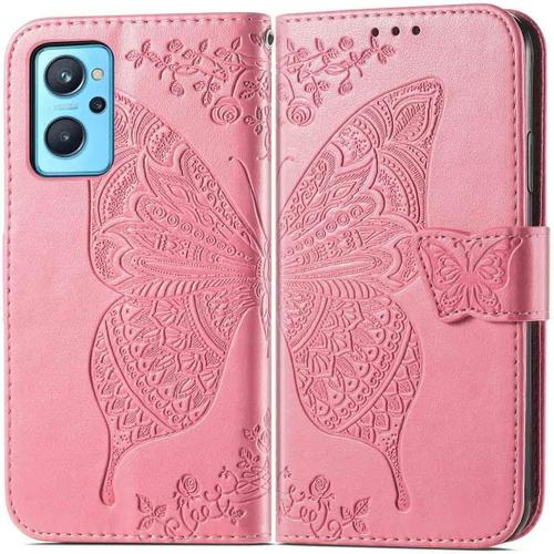 Coque Pour Oppo A76 4g/A36 4g Étui Papillon Flip Wallet Slim Housse De Téléphone Avec Fermeture Magnétique Fentes Pour Cartes Béquille Dragonne. Rose