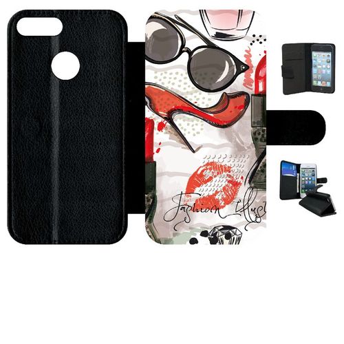 Etui A Rabat - Motif Girly Fond Blanc - Compatible Avec Honor 9 Lite - Simili-Cuir - Bord Noir