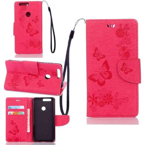 Étui Pour Huawei Honor 8 Haute Qualité Ultra Mince Etui Avec Slot Pochette Portable Flip Wallet Housse Similicuir Portefeuille Gros Papillon Rose Red