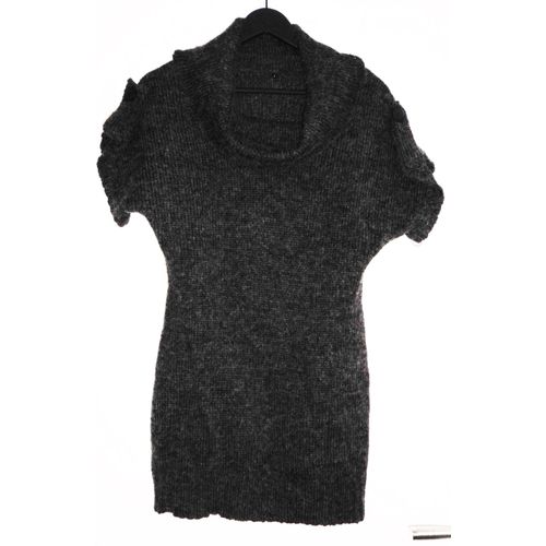 Pull Tunique Gris Chiné. Manches Courtes. Grand Col. Acrylique. Laine. Taille 38