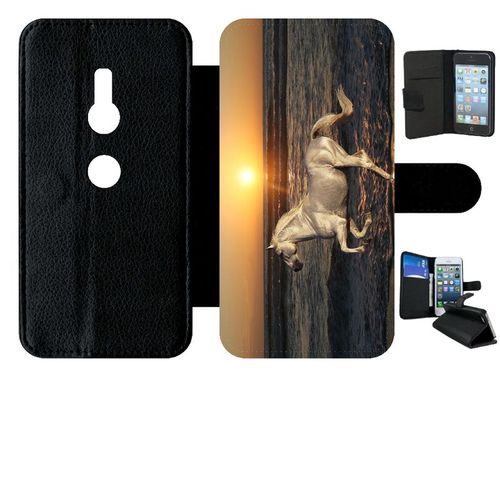 Etui À Rabat Xperia Xz2 - Cheval Blanc Couché De Soleil Sur La Plage - Simili-Cuir - Noir