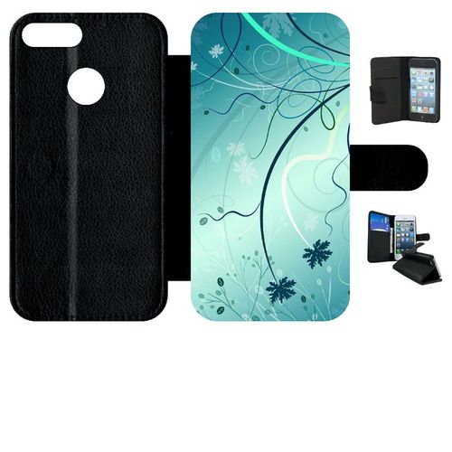Etui À Rabat Honor 9 Lite - Abstrait Turquoise Fleur - Simili-Cuir - Noir