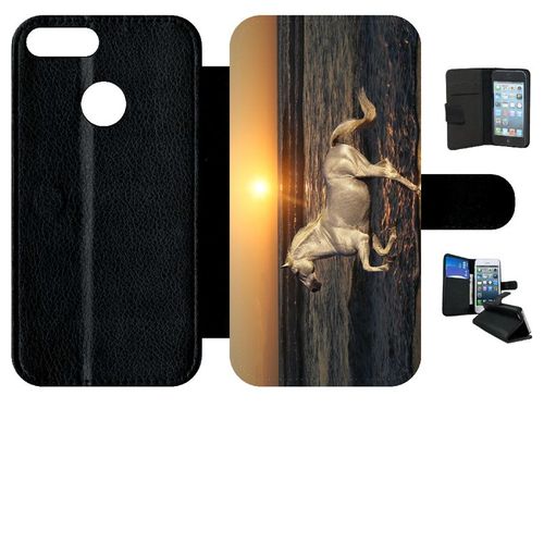 Etui À Rabat Honor 9 Lite - Cheval Blanc Couché De Soleil Sur La Plage - Simili-Cuir - Noir