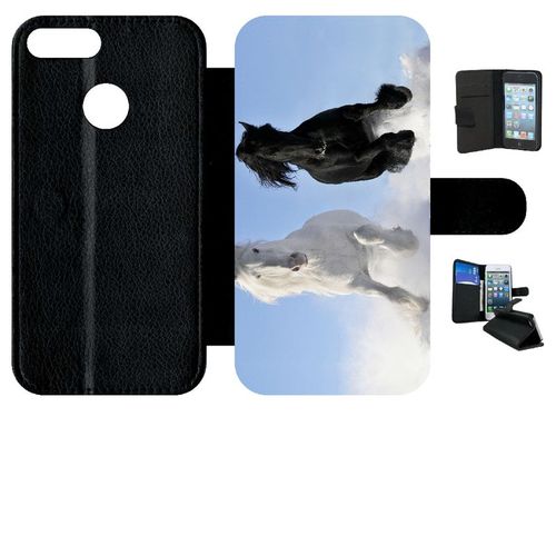 Etui À Rabat Honor 9 Lite - Chevaux Blanc Et Noir Dans La Neige - Simili-Cuir - Noir