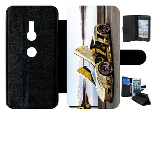 Etui A Rabat - Tuning Voiture Jaune - Compatible Avec Sony Xperia Xz2 - Simili-Cuir - Bord Noir