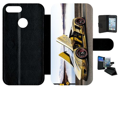 Etui A Rabat - Tuning Voiture Jaune - Compatible Avec Honor 9 Lite - Simili-Cuir - Bord Noir