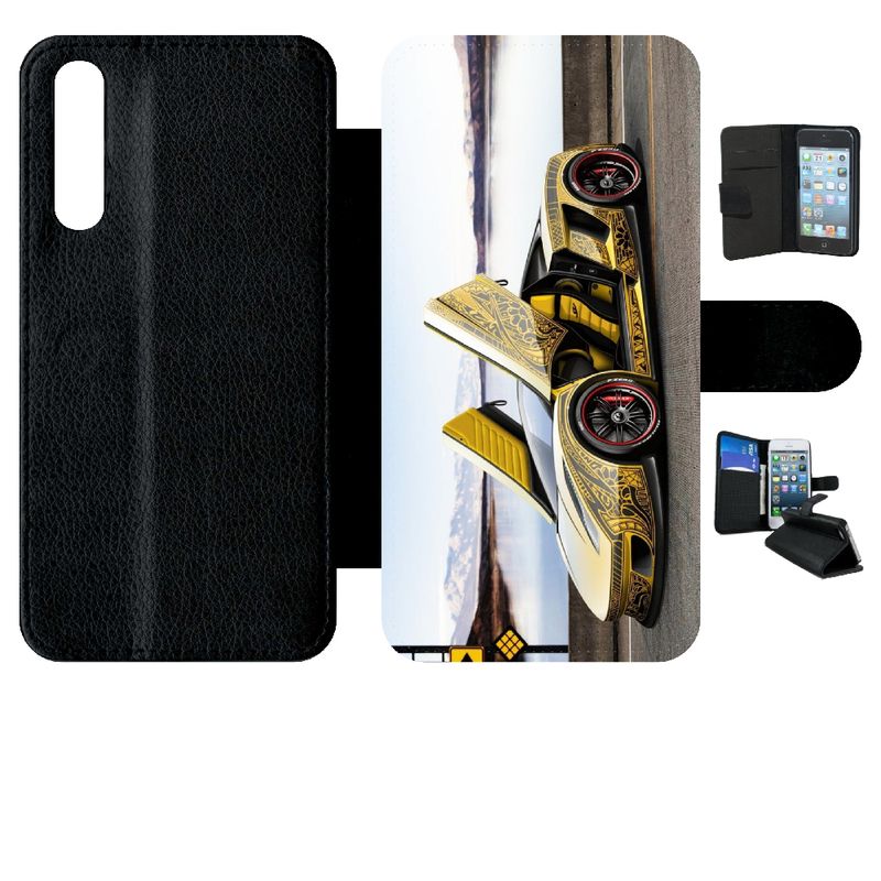 Etui A Rabat - Tuning Voiture Jaune - Compatible Avec Huawei P20 Pro - Simili-Cuir - Bord Noir