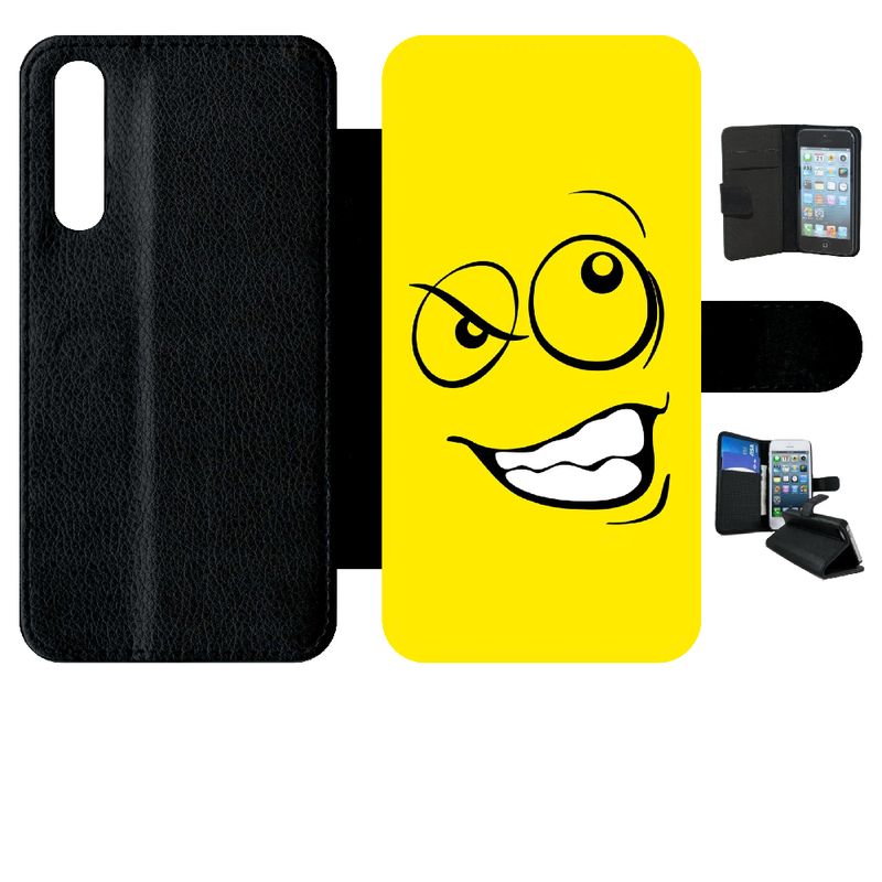 Etui A Rabat - Smiley Énervé Jaune - Compatible Avec Huawei P20 Pro - Simili-Cuir - Bord Noir