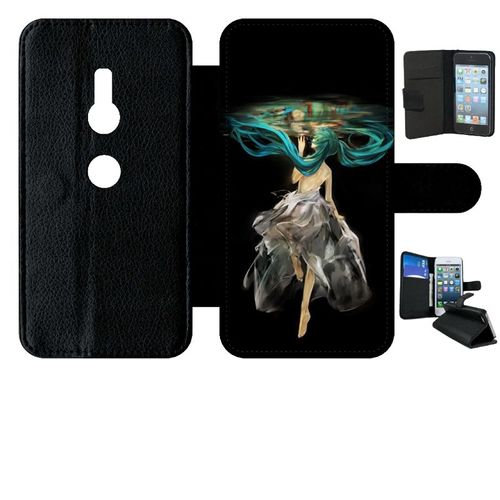 Etui A Rabat - Manga Fille Cheveux Bleu - Compatible Avec Sony Xperia Xz2 - Simili-Cuir - Bord Noir