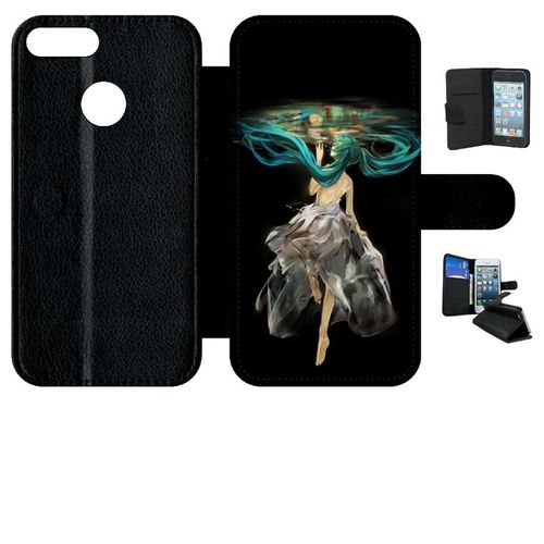 Etui A Rabat - Manga Fille Cheveux Bleu - Compatible Avec Honor 9 Lite - Simili-Cuir - Bord Noir