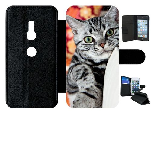 Etui A Rabat - Chat Tigré Gris Yeux Vert - Compatible Avec Sony Xperia Xz2 - Simili-Cuir - Bord Noir