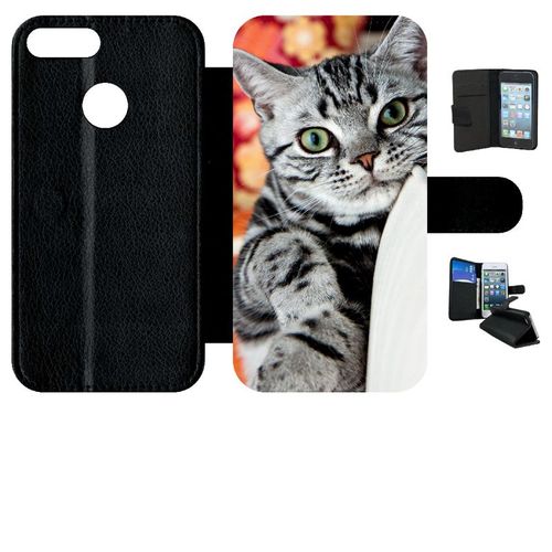 Etui A Rabat - Chat Tigré Gris Yeux Vert - Compatible Avec Honor 9 Lite - Simili-Cuir - Bord Noir