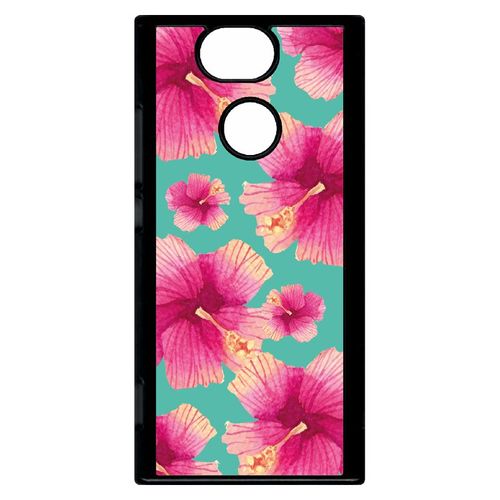 Coque Pour Smartphone - Hibiscus Fond Turquoise - Compatible Avec Sony Xperia Xa2 - Plastique - Bord Noir