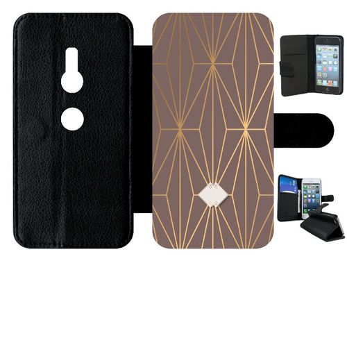 Etui A Rabat - Losange Geometrique Beige Et Or - Compatible Avec Sony Xperia Xz2 - Simili-Cuir - Bord Noir