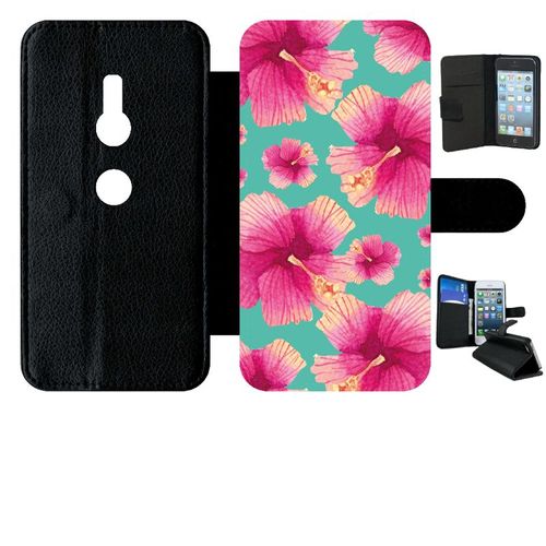 Etui A Rabat - Hibiscus Fond Turquoise - Compatible Avec Sony Xperia Xz2 - Simili-Cuir - Bord Noir