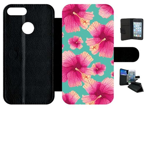 Etui A Rabat - Hibiscus Fond Turquoise - Compatible Avec Honor 9 Lite - Simili-Cuir - Bord Noir