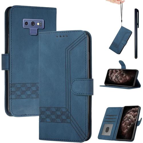 Coque Compatible Avec Samsung Galaxy Note 9,Premium Pu Cuir Flip Case Portefeuille Magnétique Housse Avec Béquille Fentes Cartes & 1 Avec Stylet,Bleu