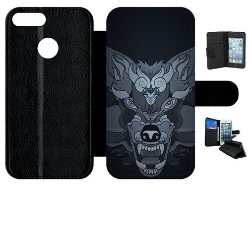 Etui A Rabat - Loup Fond Gris - Compatible Avec Honor 9 Lite - Simili-Cuir - Bord Noir