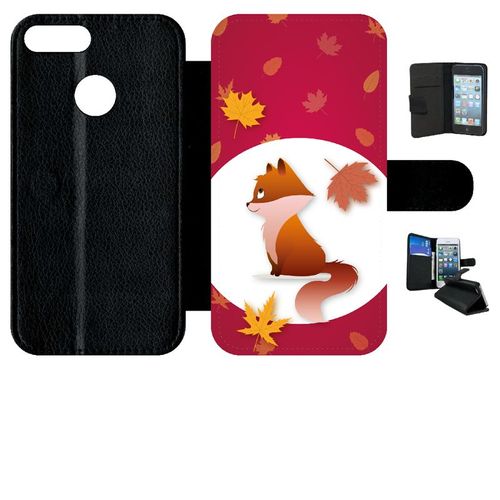 Etui A Rabat - Renard Fond Rouge - Compatible Avec Honor 9 Lite - Simili-Cuir - Bord Noir