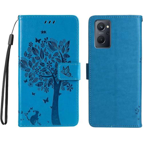 Coque Pour Oppo A76 4g/A36 4g Étui Papillon Flip Wallet Slim Housse De Téléphone Avec Fermeture Magnétique Fentes Pour Cartes Béquille Dragonne. Bleu