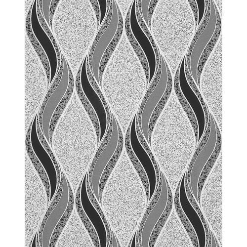 Papier peint graphique EDEM 1025-16 aspect crépi granit moucheté lignes ondulées et ornements gris clair noir argent