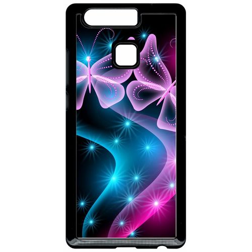 Coque Pour Smartphone - Papillons Roses - Compatible Avec Huawei P9 - Plastique - Bord Noir