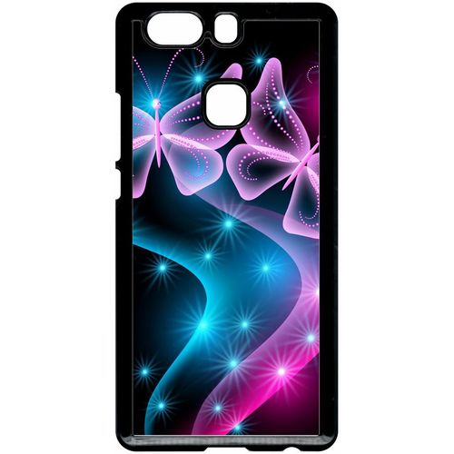 Coque Pour Smartphone - Papillons Roses - Compatible Avec Huawei P9 Plus - Plastique - Bord Noir