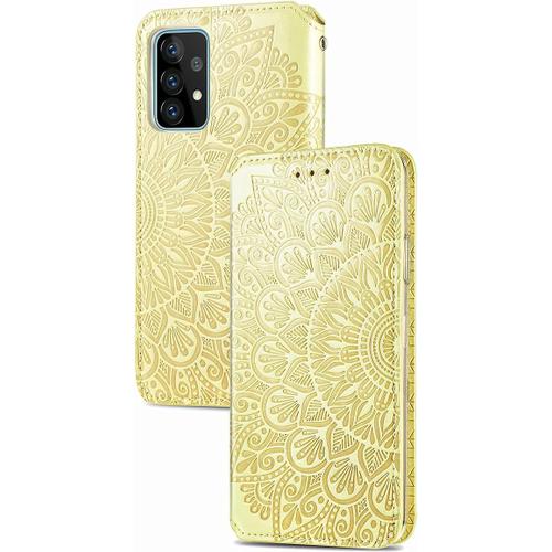 Housse Pour Telephone Samsung Galaxy A52 Etui Premium Pu+Tpu Motif En Relief Retourner Cuir Coque Anti Chute Portefeuille Protection Case Cover Jaune