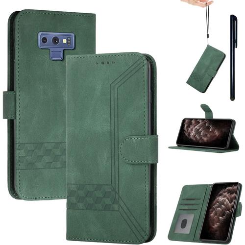 Coque Compatible Avec Samsung Galaxy Note 9,Premium Pu Cuir Flip Case Portefeuille Magnétique Housse Avec Béquille Fentes Cartes & 1 Avec Stylet,Vert