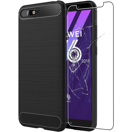 Ebeststar - Coque Huawei Y6 2018 Housse Motif Fibre Carbone Luxe Flex Tpu Premium, Noir [Dimensions Precises Smartphone : 152.4 X 73 X 7.8 Mm, Écran 5.7''][Note Importante Lire Description]