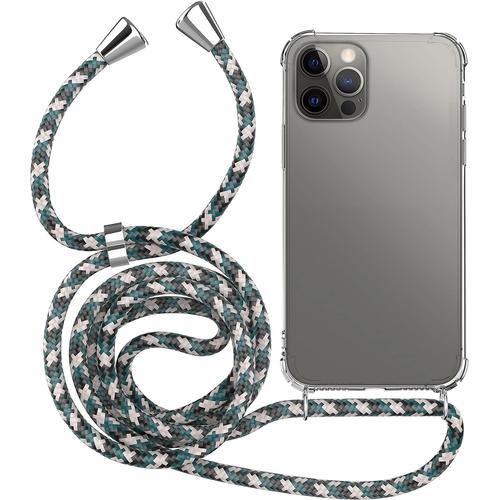 Coque Cordon Pour Apple Iphone 12/12 Pro Cover Bumper Silicone Transparent Avec Collier Case Tour De Cou Protection Anti Choc Lanière Noir Camouflage