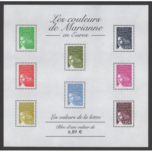 Bloc Feuillet 8 Timbres France 2004 Yvert Et Tellier Bf N°67 Les Couleurs De Marianne En Euros Les Valeurs De La Lettre Neuf** Gomme Intacte